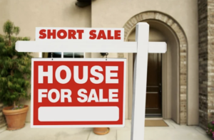 Short sale sign and a house for sale sign on a home